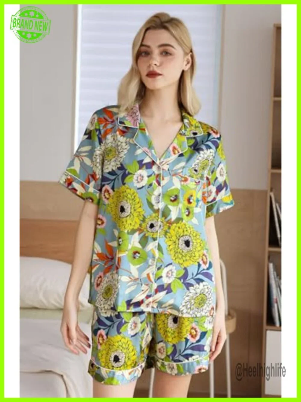 Silk Satin Pajama Set with Pockets Button Down Shorts Pjs Oversized Sleepwear